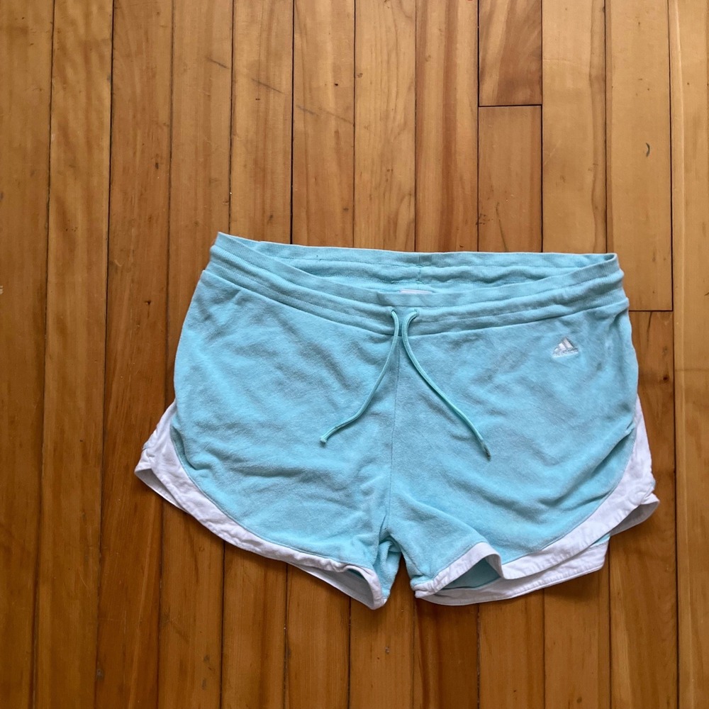 Adidas Baby Blue Cloth Athletic Sweat Shorts Drawstring Logo Large women's